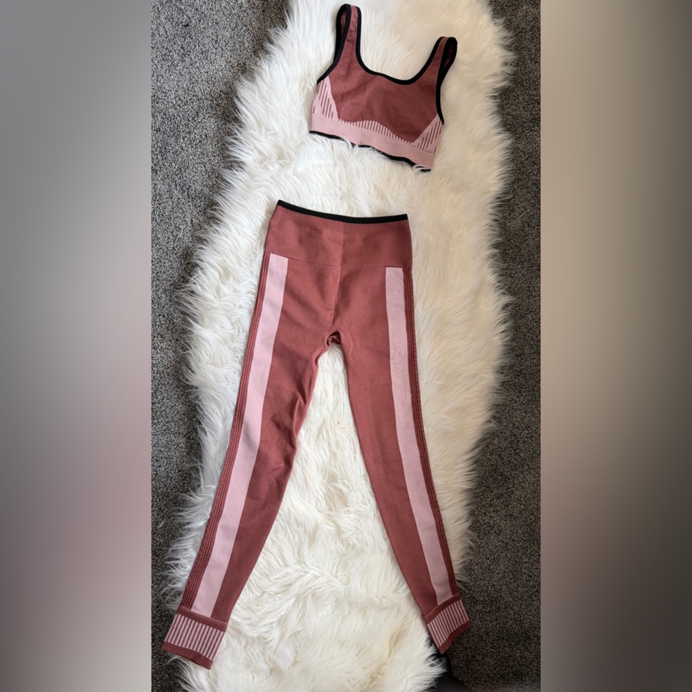 Pink and Rose Athletic Set - Striped Crop Top and Leggings - Picture 2 of 6